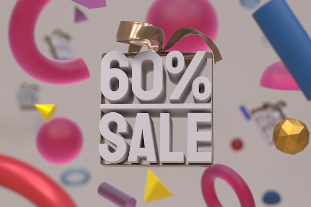 Photo 60% sale with bow and ribbon 3d design on abstract geometry banner