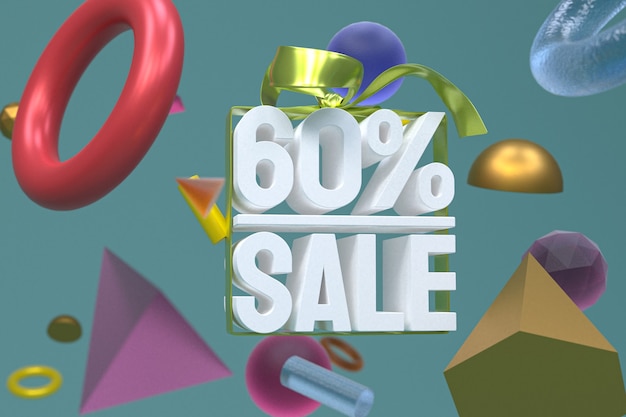 Photo 60% sale with bow and ribbon 3d design on abstract geometry