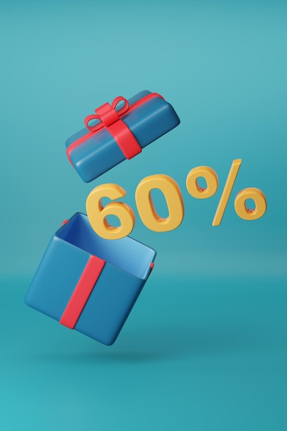 60 solid text coming out of a gift box on blue background 3d illustration