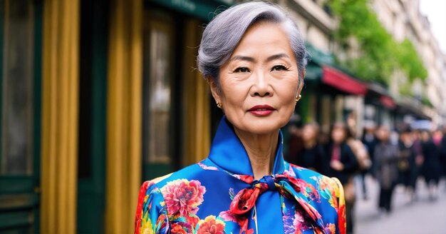 60 year old Asian female model in Paris Fashion Week ai generative