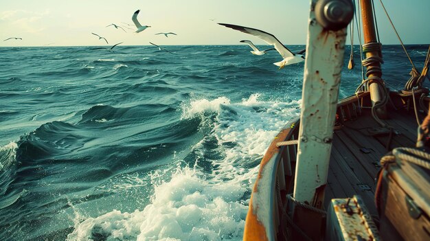 Photo 60s oceanic adventure albatross in flight vintage alarm and algebra notes on a boat