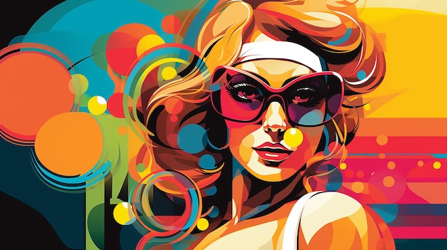 A 60s pop style of a female tennis player the groovy colors and shapes echoing fashion of the era