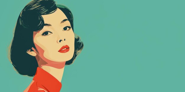 생생한 색상의 아시아 여성을 그린 60년대 복고풍 그림