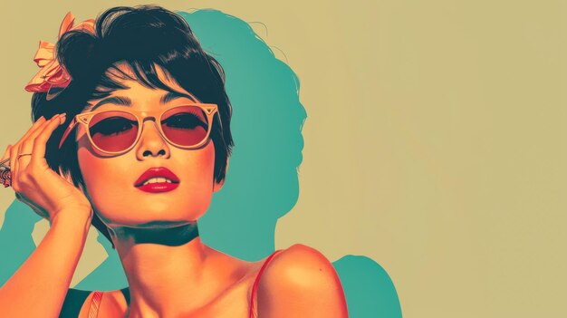 60s retro illustration of an asian woman in vibrant colors