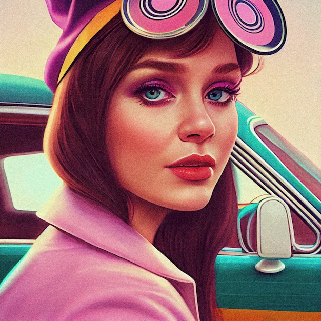 Foto 60s vibes vintage en retro girl illustratie met korrelige textuur