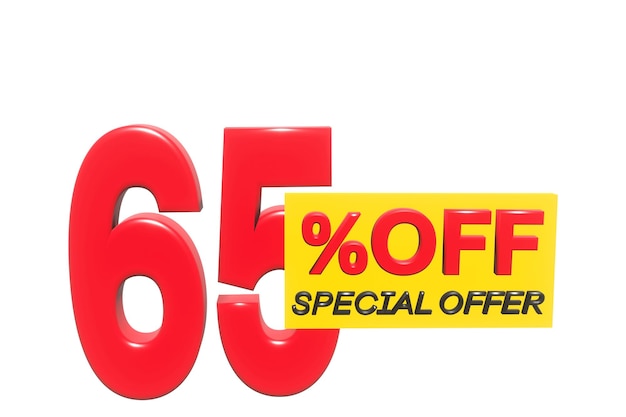 65 percent off 3D illustration in red with white background with special offer sign and copy space