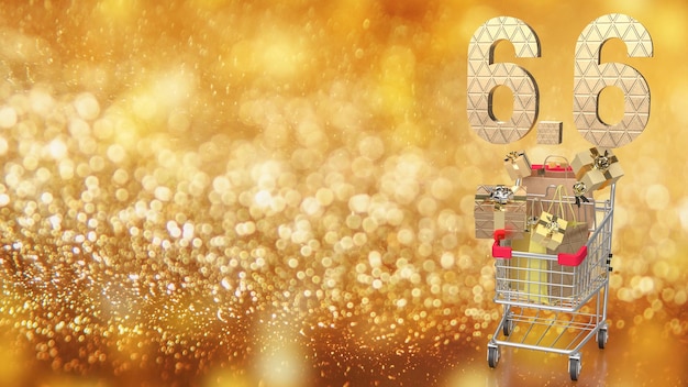 The 66 and shopping cart on gold bokeh Background 3d rendering