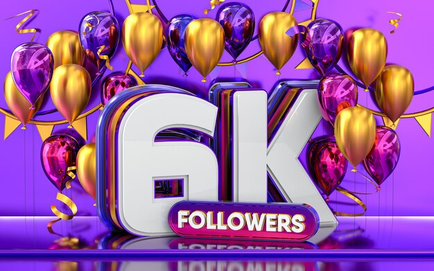 Foto celebrazione dei seguaci di 6k grazie banner sui social media con rendering 3d di palloncini viola e oro