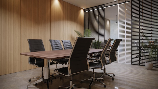 Офисный конференц-зал на 6 человек с деревянными стенами3d-рендеринг