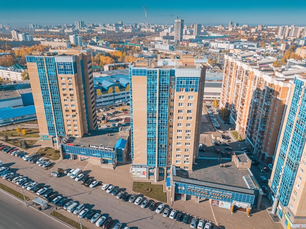 7 October 2021 Ufa Russia Aerial view of a city streets and neighbourhood and residential block with multistorey buidlings