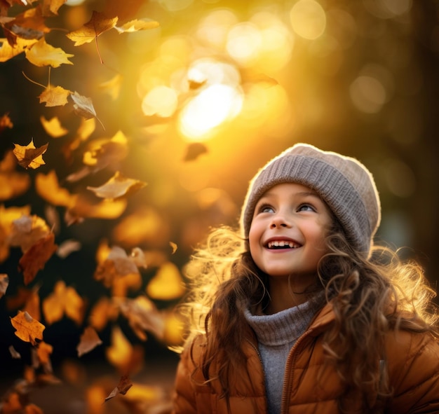 7 year old girl staring up at falling golden leaves with a serene park out of focus behind her generative ai