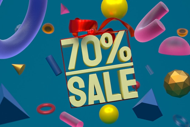 Photo 70% sale with bow and ribbon 3d design on abstract geometry background