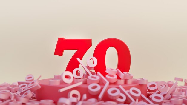 70 또는 70 숫자 3d 보라색 빨간색 금속 백분율 추상 배경