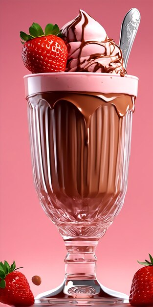 700ml Tall Glass Of Strawberry Chocolate Ice Cream With Caramel Sauce Cinematic Style