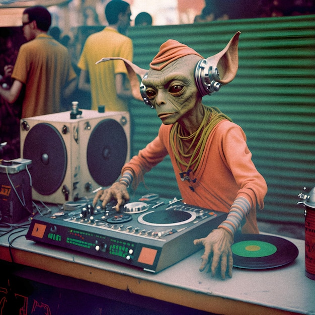 Photo 70s punk alien at a dj booth turntables vintage granular texture