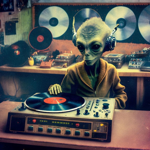 70s punk alien at a dj booth turntables vintage granular texture