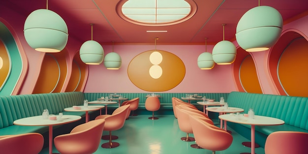 Foto anni '70 ristorante interni in stile vintage colori retrò