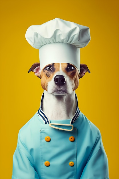 70s style dog dressed in a chef's outfit