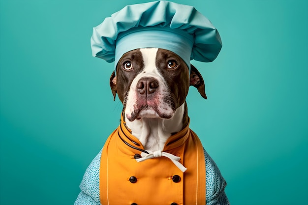 70s style dog dressed in a chef's outfit