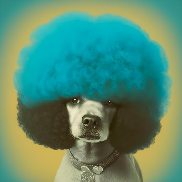 70s style dog portrait with huge afro