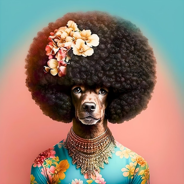 70s style dog portrait with huge afro