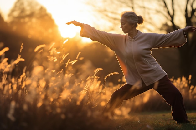 70s woman doing taichi in the sunrise