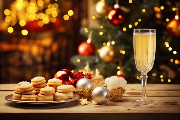 75 Franse cocktail en snack voor kerstdiner op de houten tafel met kerstversiering