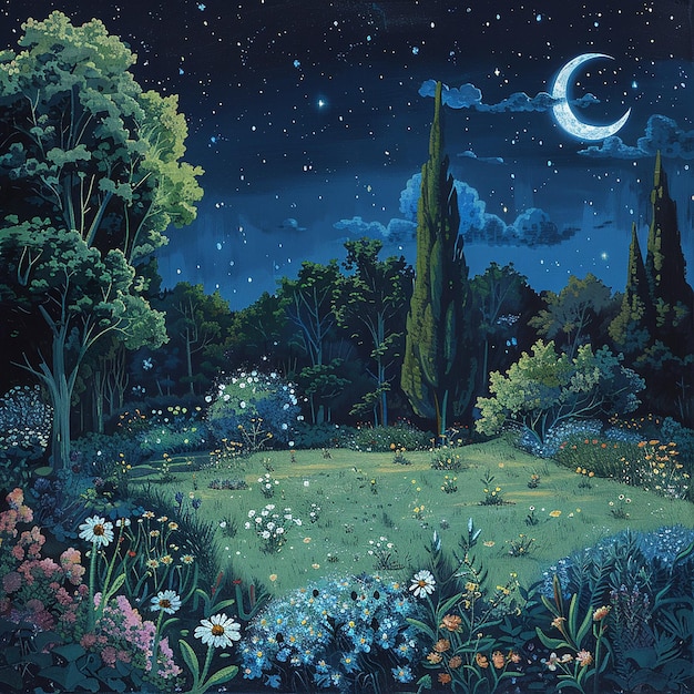 7h moonlit night starry sky garden flowers and trees all around the grass is freshly cut