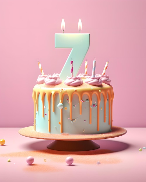 7th years birthday cake on isolated colorful pastel background