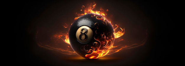 8 Ball on fire dark fantasy black eight ball snooker ball with flames around it edges and signs of extreme heat generative AI