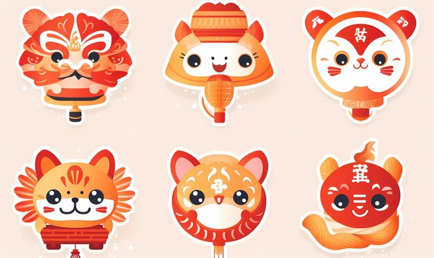 8 different Chinese New Year stickers same style and size New Year elements lanterns red tones