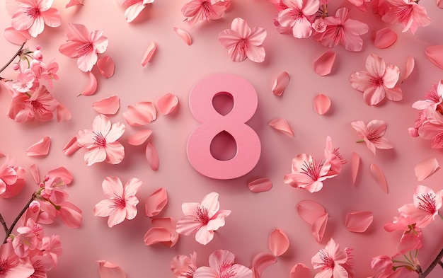 8 maart spandoek nummer 8 op roze bloemen achtergrond