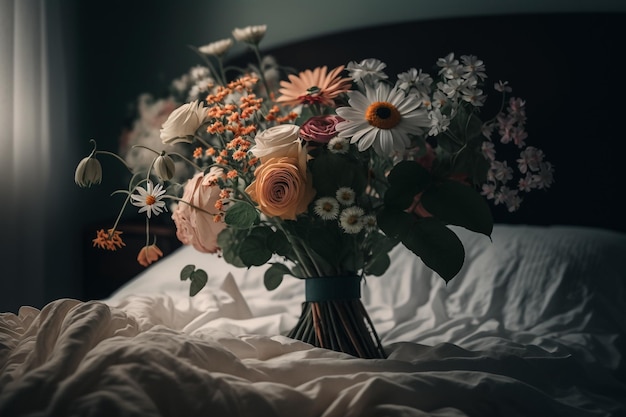 8 марта подарок женщинам праздничный букет цветов в постели иллюстрация Generative AI