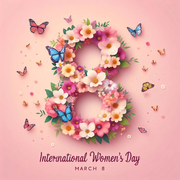 8 marzo, giornata internazionale della donna, bellissimo disegno floreale e farfalla nel numero 8 generato dall'ai