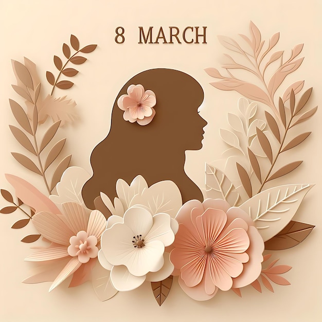 Фото 8 марта международный женский день поздравительная открытка с цветами листья женский силуэт