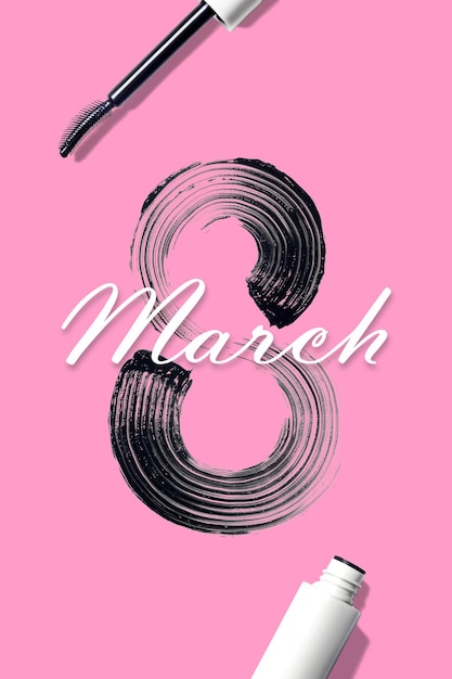 8 march international womens day Smearing swatch of mascara in the shape of a figure eight Creative minimalism poster pink background white inscription