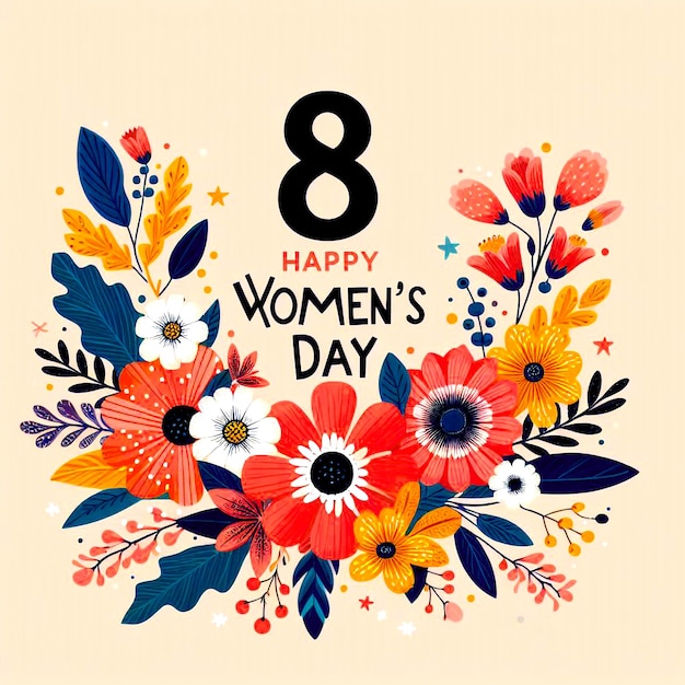 8 march womens day celebration design with flower and typography letter