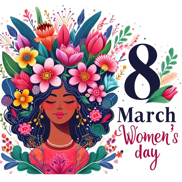 3월 8일 여성의 날 기념 디자인 꽃과 타이포그래피 글자