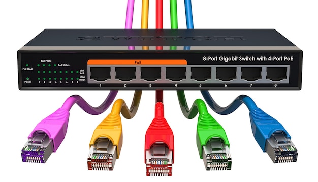 8-портовый коммутатор Gigabit Ethernet с цветными сетевыми кабелями 3D-рендеринг