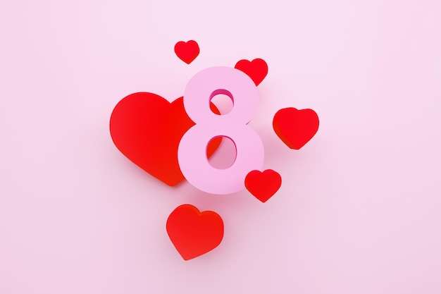 Фото 8 с сердечками на розовом фоне, 3d рендеринг, открытка на 8 марта