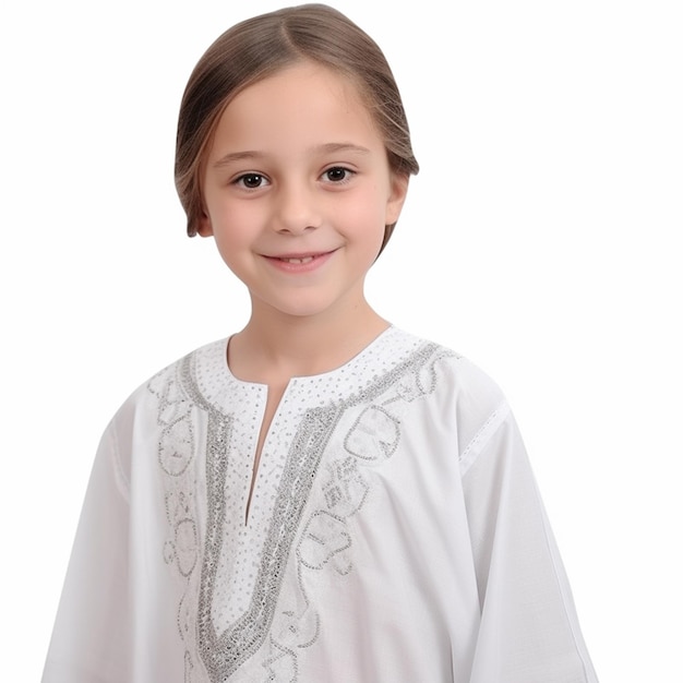 8-летняя девочка с традиционным тобе на белом фоне 9