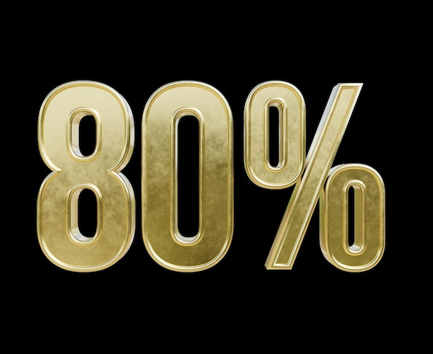 Foto 80% di testo 3d in oro, illustrazione su sfondo nero isolato