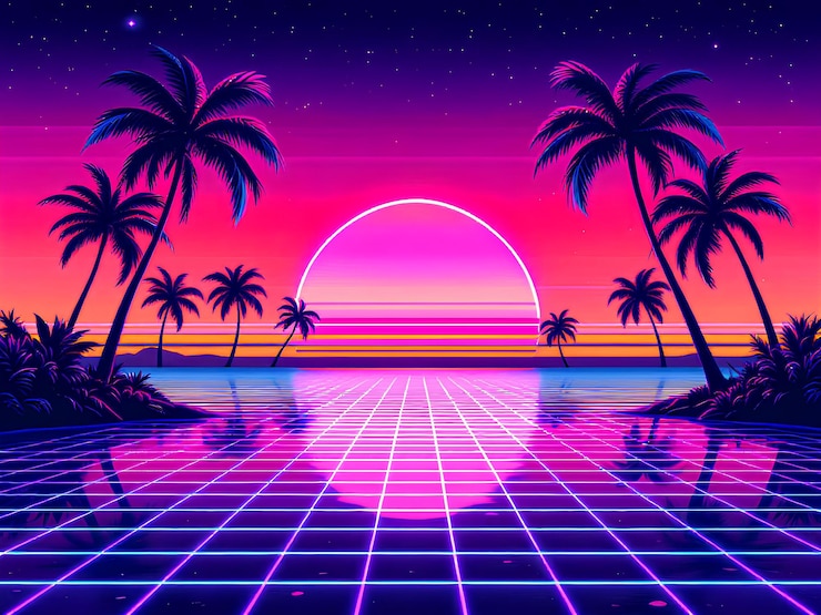 Foto 80's retro achtergrond met strandpalmbomen neon zon en rooster horizon