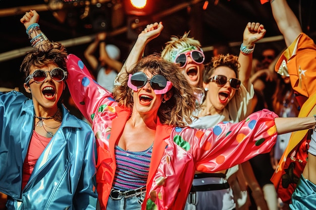 80's Retro Bash Kleurrijke kostuums neonlichten groep vrienden die dansen op klassieke hits in nostalgische c