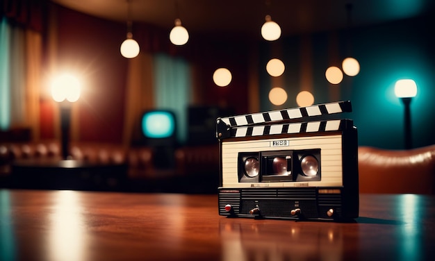 Foto 80's retro wave nostalgische stijl achtergrond weergegeven op vintage camera tv vhs muziek