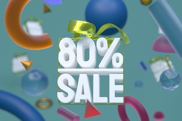 80% sale with bow and ribbon 3d design on abstract geometry background