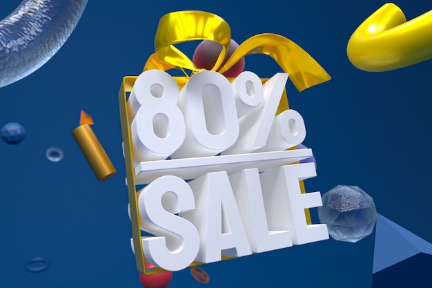 80% sale with bow and ribbon 3d design on abstract geometry background
