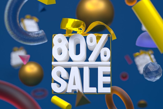 80% sale with bow and ribbon 3d design on abstract geometry background