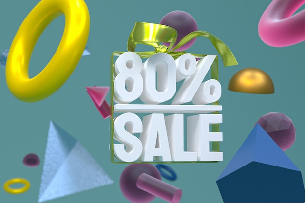 80% sale with bow and ribbon 3d design on abstract geometry background