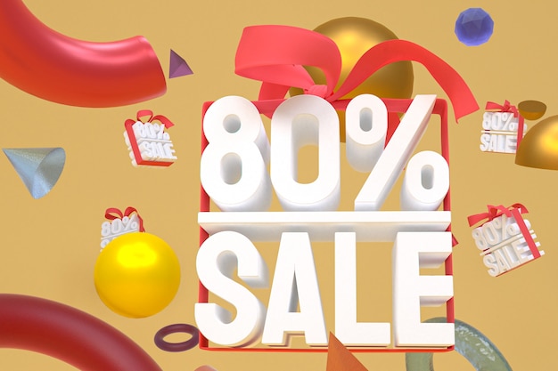 80% sale with bow and ribbon 3d design on abstract geometry